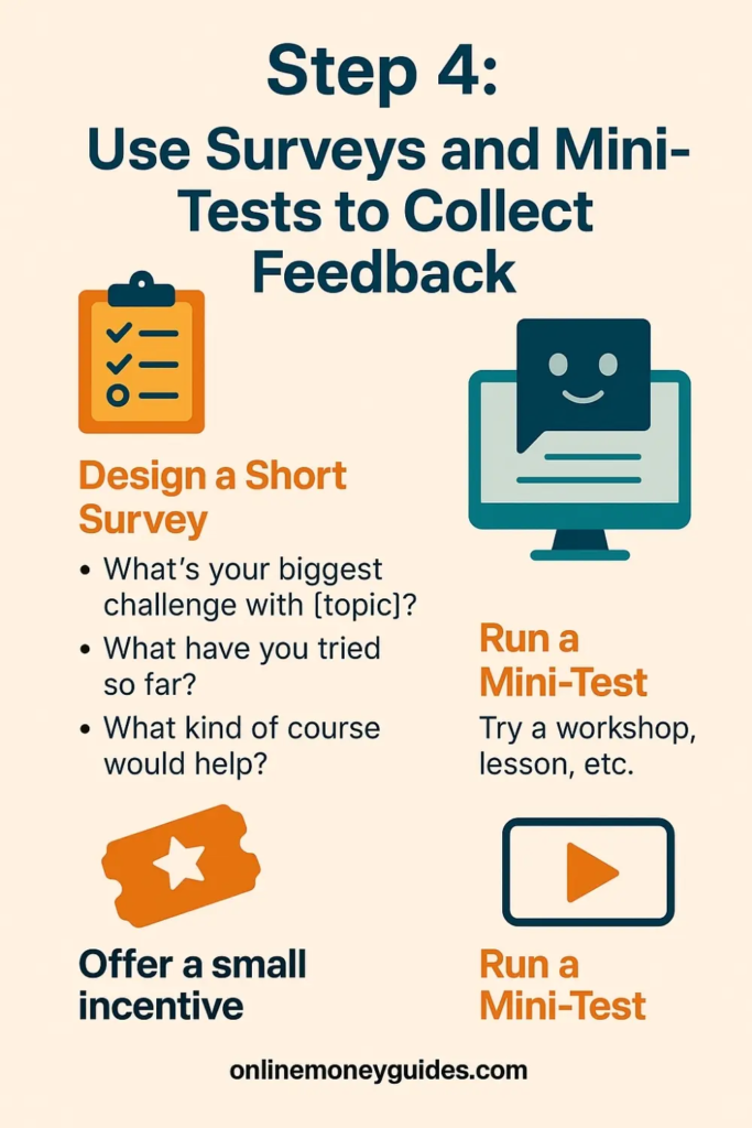 graphic showing how to use surveys and mini tests to collect feedback